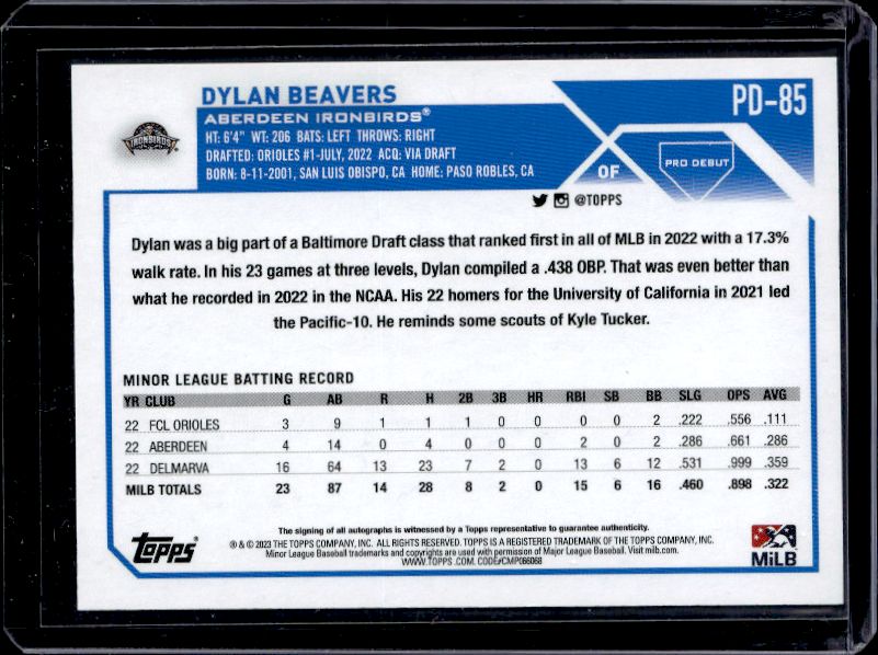 2023 Topps Pro Debut #PD-85 Dylan Beavers Autographs