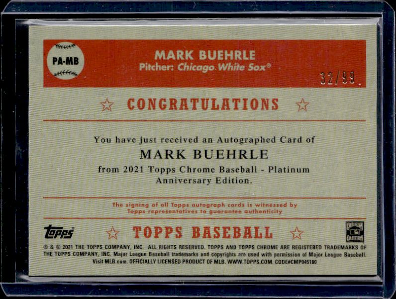 2021 Topps Chr Platinum Anniversary #PA-MB Mark Buehrle Auto Blue Prism Ref #/99