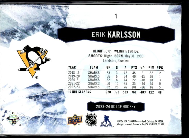 2023-24 Upper Deck Ice #1 Erik Karlsson