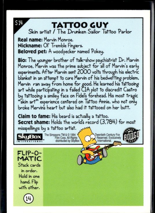 1994 SkyBox The Simpsons Series II #S14 Tattoo Guy